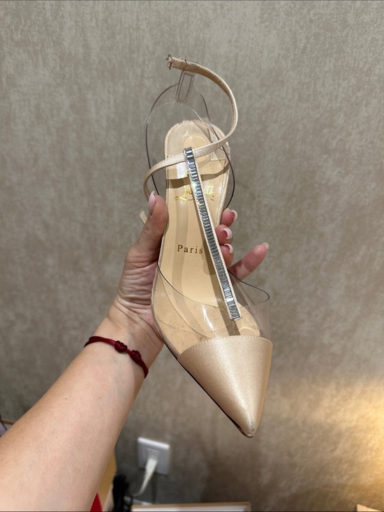 Christian Louboutin Shoes - Christian Louboutin Nude Pointed PVC T-Strap Slingback with Crystal Detail
